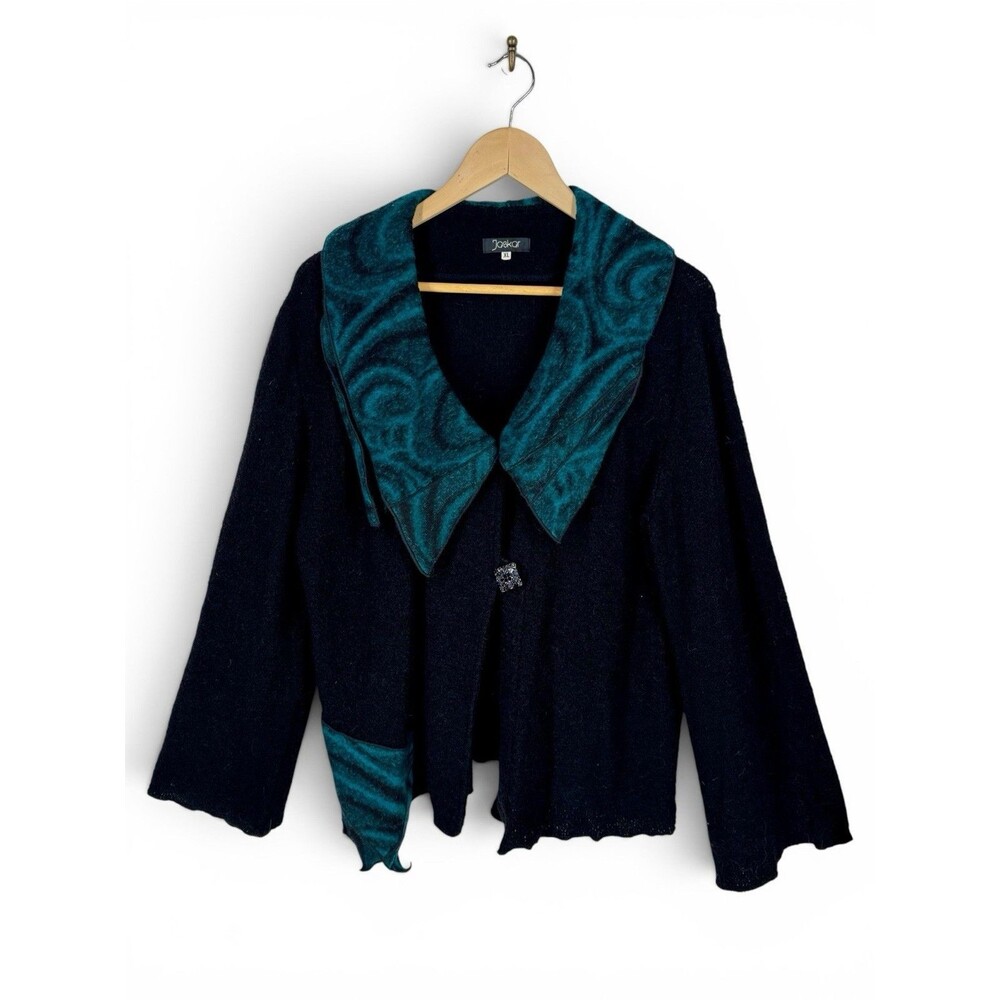 Jaskar Women’s XL Black Sweater Jacket Teal Shawl Collar Art to Wear